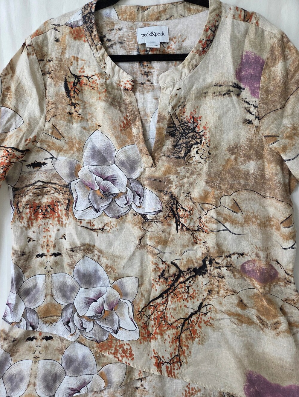 Peck & Peck Linen lotus flower and cherry tree blouse XL Floral Quarter Sleeve